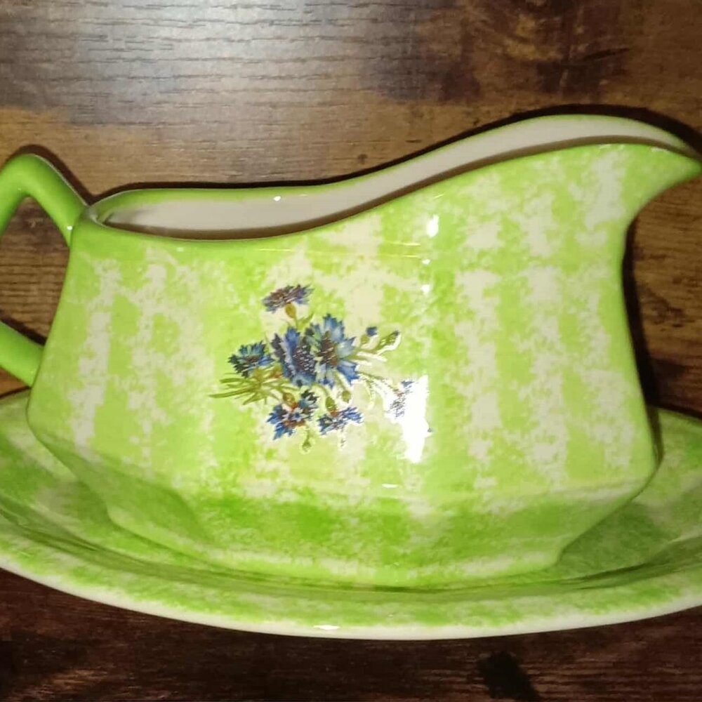 1982 Gravy Boat with Saucer Green Color with Flowers Accent